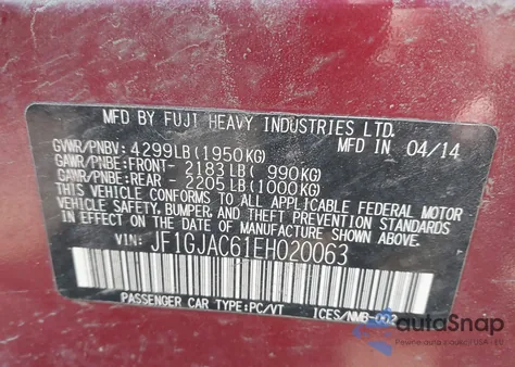 2014 Subaru Impreza 2.0I Premium z USA, uszkodzony, nr VIN JF1GJAC61EH020063